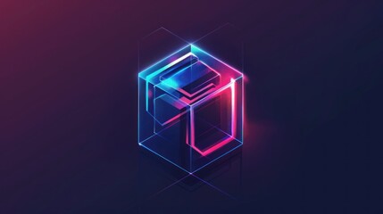 Abstract isometric linear logo, cubed cube. Futuristic company icon on dark background. Neon colors. AI generated
