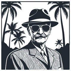 Old retro man on a background of palm trees,  vector illustration.