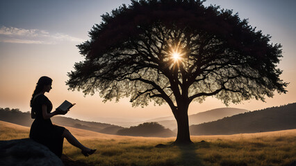 silhouette of woman reading a book in tree under sunset sky