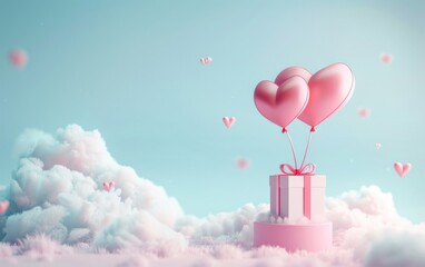 Gift box product standing on blue background, heart shape balloon with copy space, 3D rendering