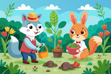 Bunny and Squirrel Planting Seeds in a Garden, Whimsical Scene of Bunny and Squirrel Gardening