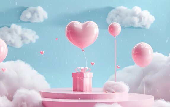 Gift box product standing on blue background, heart shape balloon with copy space, 3D rendering