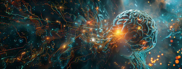 Electronic cyber brain in a quantum computing system, technology, biotechnology and machine learning concept, Neural circuit and electronic cyber brain in a quantum computing system. Futuristic, Ai