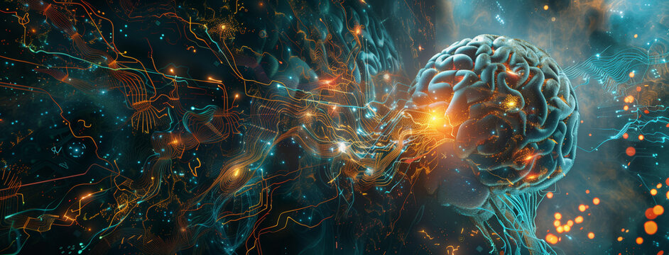 Electronic cyber brain in a quantum computing system, technology, biotechnology and machine learning concept, Neural circuit and electronic cyber brain in a quantum computing system. Futuristic, Ai