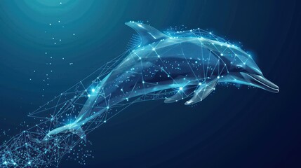 Abstract jumping dolphin in polygons on technology blue background. Low poly wire frame marine life concept. AI generated - obrazy, fototapety, plakaty