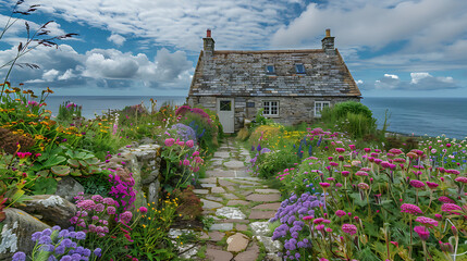 Stone house by blooming seaside garden, picturesque coastal scenery, tranquil ambiance, ideal for real estate, travel, or nature-themed projects - obrazy, fototapety, plakaty