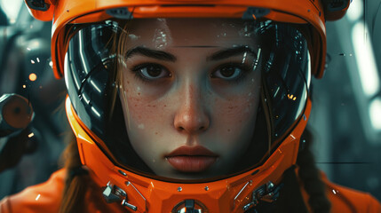 Naklejka premium Young girl, possibly a child, wearing a futuristic orange helmet with a visor