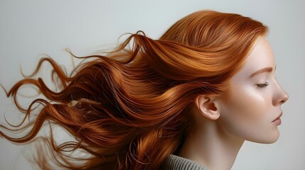 Auburn Elegance: Serene Profile with Windswept Hair. Concept Portrait Photography, Natural Beauty, Auburn Hair, Serene Expression, Elegance - obrazy, fototapety, plakaty