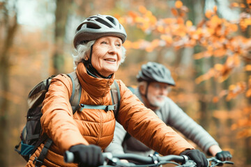 Active senior couple enjoying nature outdoors riding bike. Mature couple on bike trail in forest. Concept of activity in nature for seniors with a mountain bike. 