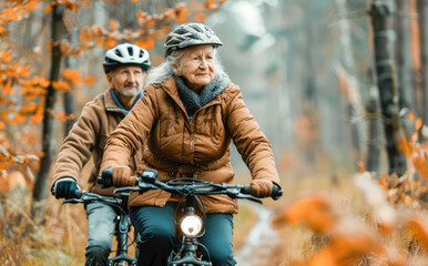 Active senior couple enjoying nature outdoors riding bike. Mature couple on bike trail in forest. Concept of activity in nature for seniors with a mountain bike. 