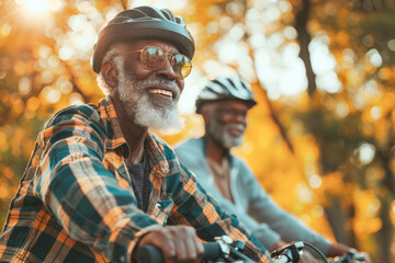 Active senior man enjoying nature outdoors riding bike. Mature man on bike trail in forest. Concept of activity in nature for seniors with a mountain bike.