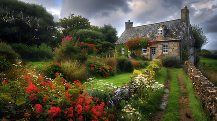 Vintage English stone house with garden, showcasing rustic charm, quaint architecture, and lush greenery, evoking a sense of history and tranquility - obrazy, fototapety, plakaty