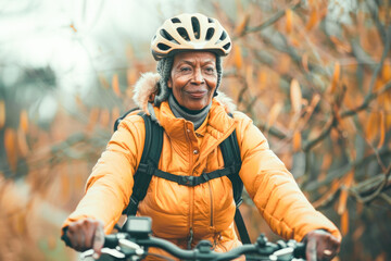 Active senior woman enjoying nature outdoors riding bike. Mature woman on bike trail in forest. Concept of activity in nature for seniors with a mountain bike. 