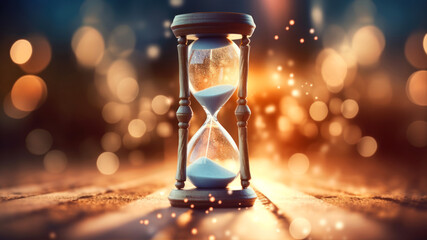 Hourglass on sand background. Time passing concept.