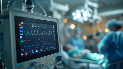 ECG monitor in intensive care unit showing patient's heart rate in hospital operating room. health concept 