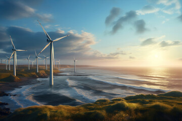Wind turbines on the beach at sunset.