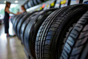 In the busy automotive dealership, a customer meticulously reviews tire options before choosing new ones for their vehicle