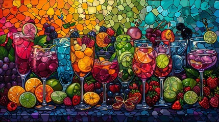 Vibrant Mosaic Artwork of Fruit Cocktails
