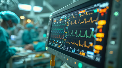 ECG monitor in intensive care unit showing patient's heart rate in hospital operating room. health concept 