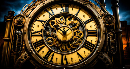 Fototapeta na wymiar a large golden clock that has a black clock face