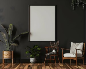 Mockup frame in black living room interior with retro decor, 3d render 