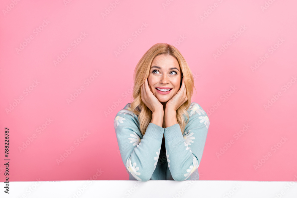 Sticker Portrait of nice person with curly hair wear blue cardigan dreamy look at promo lay on board empty space isolated on pink color background