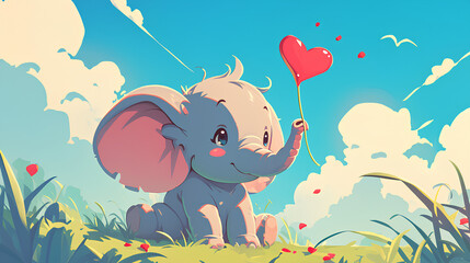 Cute baby elephant in the jungle background illustration