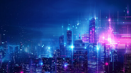 Fototapeta premium A cityscape with neon lights and a reflection of the city in the water. Scene is futuristic and vibrant