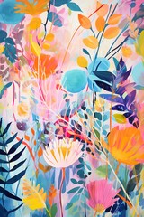 Colorful botanical abstraction, spirited patterns, lively art strokes