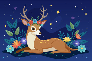 Obraz na płótnie Canvas A deer with a flower crown resting under a starlit sky