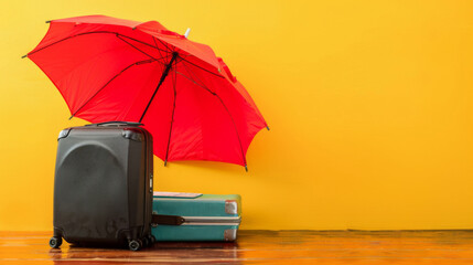A red umbrella and luggage on a yellow wall, AI
