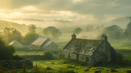 Charming Irish village shrouded in morning mist, evoking nostalgia and tranquility with its quaint, historic architecture and scenic countryside ambiance - obrazy, fototapety, plakaty