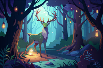 A deer with a magical glowing lantern in a dark forest