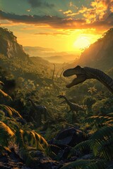 A Diplodocus herd moving through a valley lush with giant ferns under a setting sun