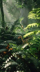 A scene of tiny Compsognathus darting through giant ferns in search of insects