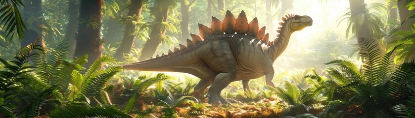 A Stegosaurus standing majestically among giant ferns, with sunlight filtering through the foliage