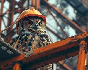 A wise owl wearing a foreman s hat, overseeing the construction site from atop a crane, symbolizing oversight and strategic planning ,no contrast