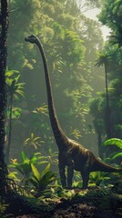 A towering Brachiosaurus grazing among lush giant ferns in a prehistoric forest