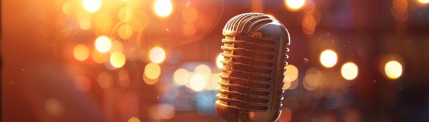 An old microphone with the big bokeh effect resembling distant concert spotlights