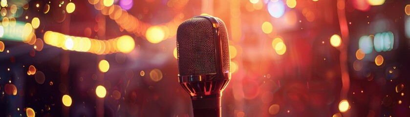 An old-fashioned microphone surrounded by vibrant, out-of-focus bokeh lights during a live...