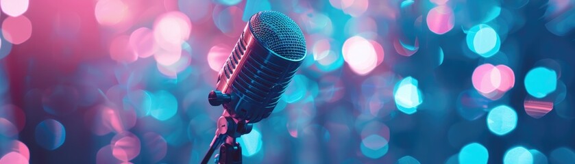 Antique microphone with soft blue and pink bokeh lights in the background, setting a romantic mood - obrazy, fototapety, plakaty