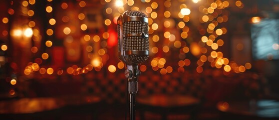 Classic microphone with a halo of golden bokeh lights in a cozy music lounge