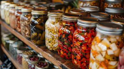 A shelf full of jars with various foods inside. The jars are organized by type and colour. The...