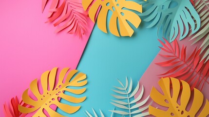 Fototapeta na wymiar Colorful Tropical Party Invitation Concept with Paper Art Leaves