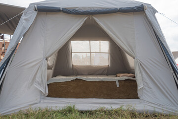 A temporary casual outdoor tent bedroom display