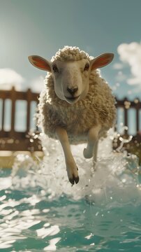 Sheep jumping into swimming pool  
