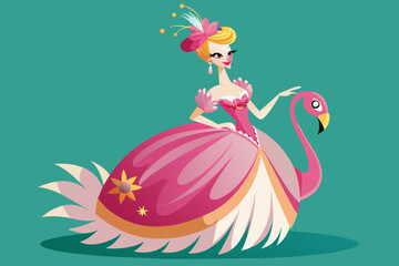 A fashionable flamingo in a ball gown and tiara