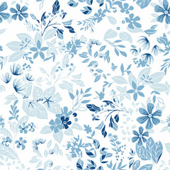 Fototapeta na wymiar All Blue Botanicals Vector Seamless Pattern