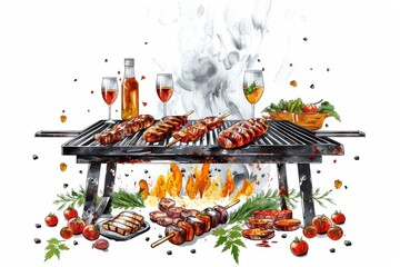 The Mastery of Outdoor Cooking: Using Charcoal and Wood Fire to Perfectly Grill Meats and Enhance Their Smoky Flavor - obrazy, fototapety, plakaty