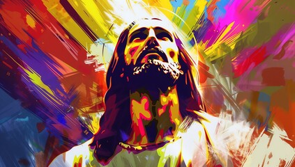 Vibrant Abstract Jesus Christ Portrait Against a Burst of Colorful Digital Brushstrokes